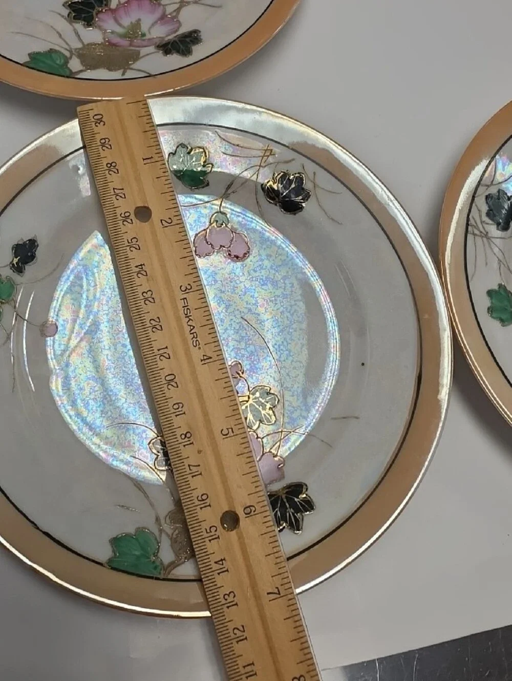 Iridescent Floral Dessert Plates with Pink and Green Accents